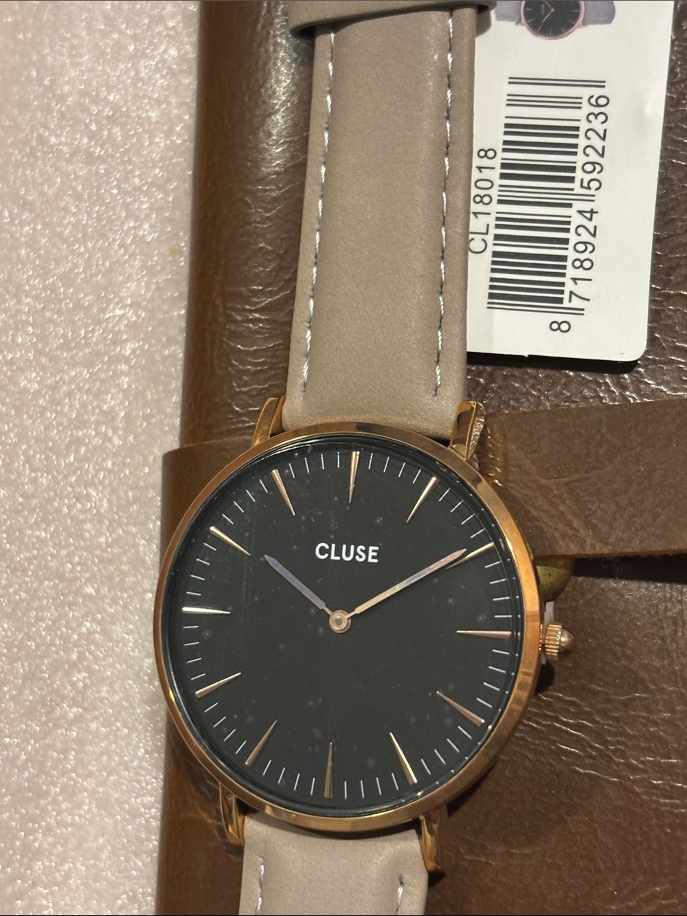 Cluse Women's Rose Gold Case Black Dial Watch with Taupe Leather Strap